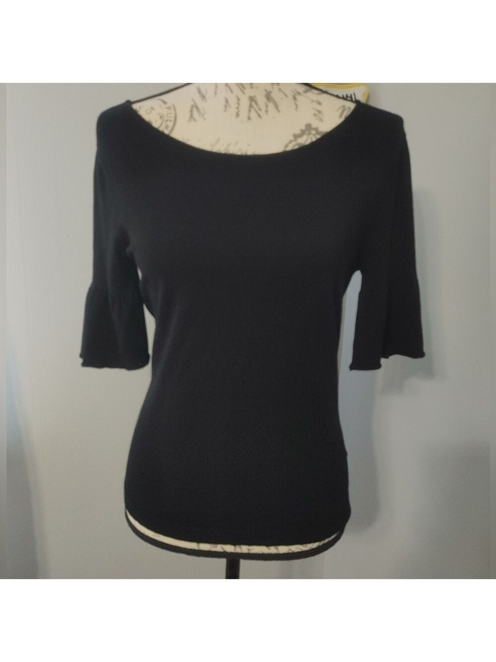 Katherine Barclay Black Ruffled Flutter 3/4 Sleeve Fitted Sweater Viscose Soft S